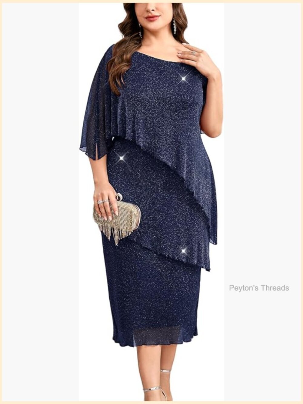 Plus Size Sparkly Mesh Cape Sleeve Tiered Midi Dress for Wedding Guest Cocktail